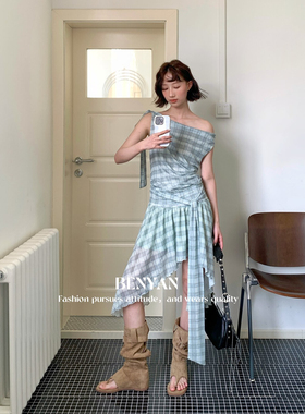 现货BENYAN本言法式曼波薄荷格子连衣裙设计感小众飘带不规则短裙