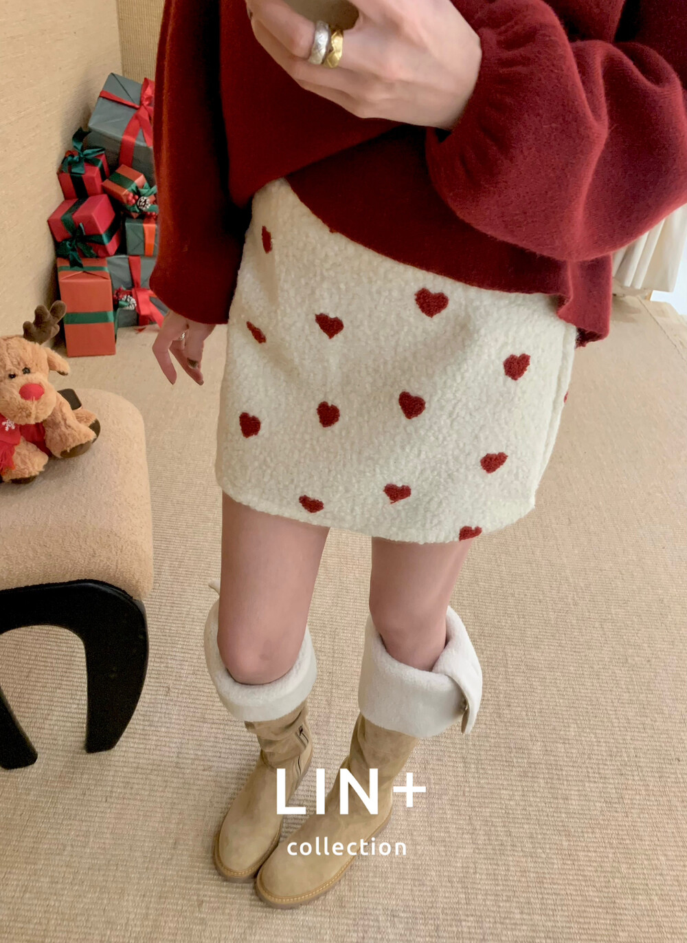 LIN+新款25冬韩系甜美爱心刺绣高腰显瘦百搭A字半身裙短裙包臀裙