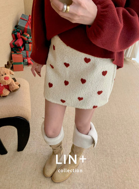 LIN+新款25冬韩系甜美爱心刺绣高腰显瘦百搭A字半身裙短裙包臀裙
