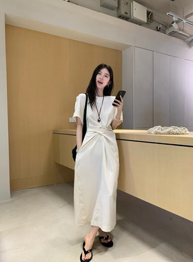 现货RS.WHMT简约韩风交叉扭结收腰显瘦天丝棉短袖连衣气质长裙女