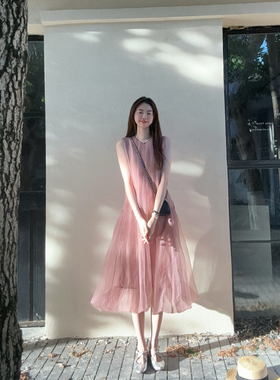 现货DARA ROSE豆沙粉欧根纱无袖显瘦法式复古仙女连衣裙独特长裙