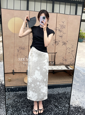 现货复古国风新中式高腰提花半身裙设计感别致显瘦百搭精致中长裙