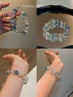 [平衡情绪]天然透体白水晶白阿塞圣马利亚海蓝宝手串百搭手链礼物
