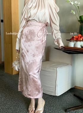 现货春新款气质小女人优雅知性提花面料修身显瘦半身裙高腰中长裙