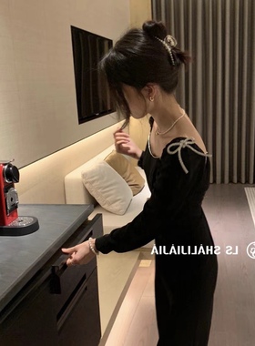 LS春夏新款2020长袖法式连衣裙收腰蝴蝶结设计中长裙开衩a字裙女