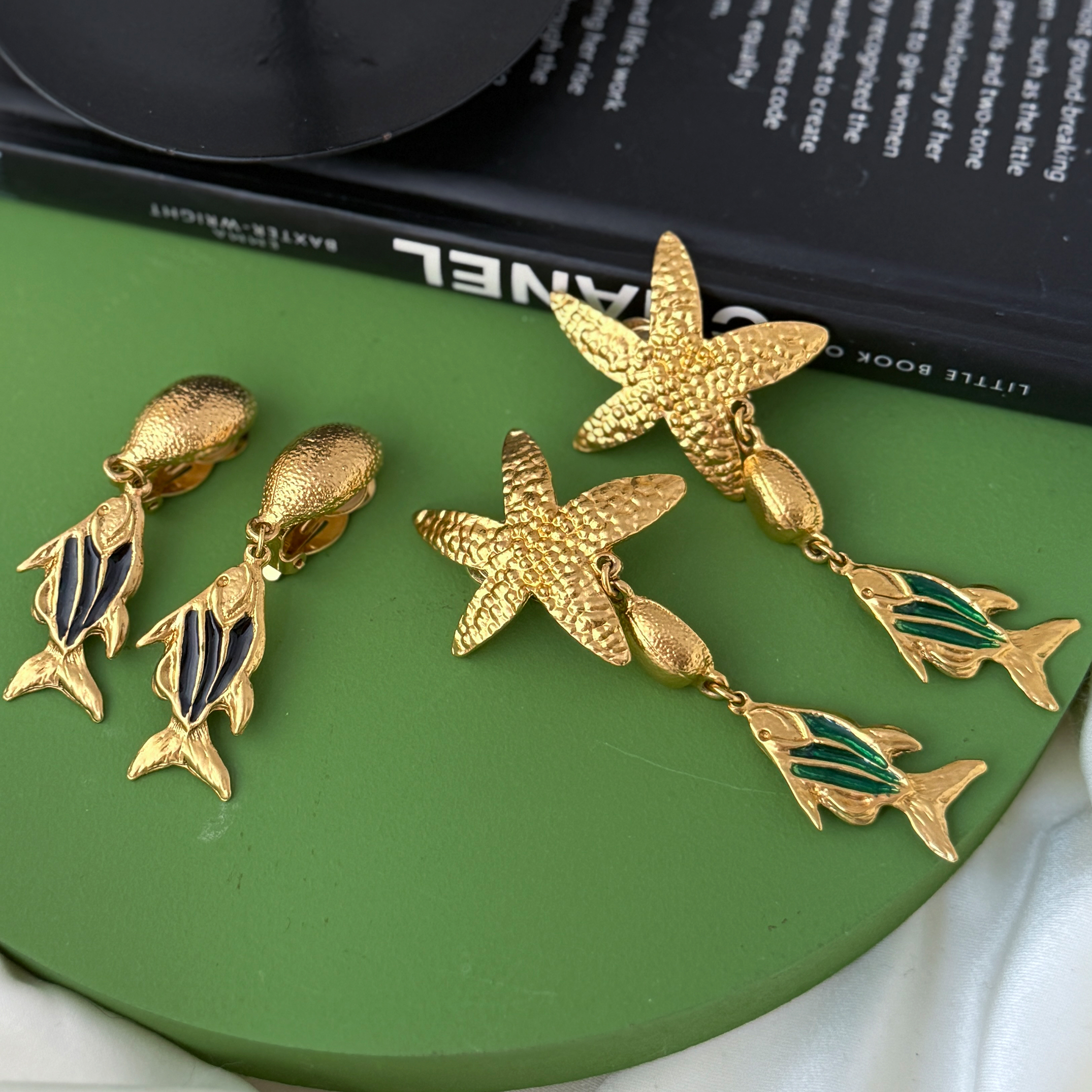 中古法国YS*L杨树林高稀款海星热带鱼海洋元素珐琅金色耳夹