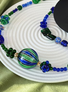 中古意大利Murrina穆拉诺经典蓝绿配色手工吹制琉璃项链