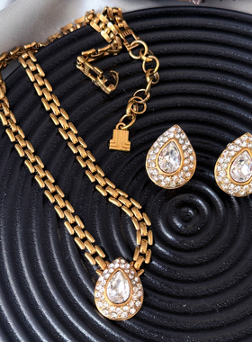 中古法国La*nvin浪*凡精致镶嵌金色耳夹项链套装