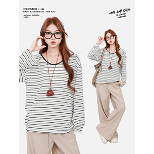 韩系chic高级感套装早秋2025新款条纹长袖t恤休闲直筒长裤两件套