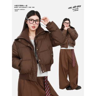 咖啡色大翻领羽绒棉服外套女短款冬季针织拼接棉袄加厚面包服棉衣