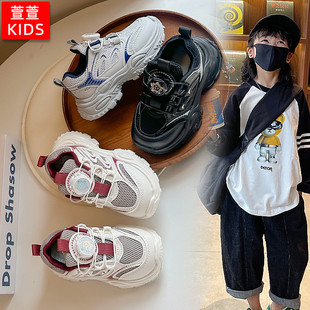 儿童免系带旋钮鞋黑色男童运动鞋网面透气女童鞋子春款宝宝网鞋潮