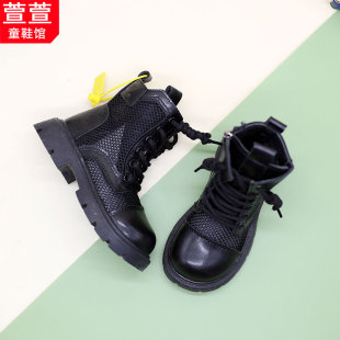 夏季薄款镂空儿童马丁靴男款军训表演女童靴子黑色透气网潮酷短靴