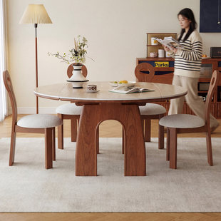 一栖一木 洞石可伸缩圆形实木岩板餐桌椅组合侘寂风方圆两用折叠