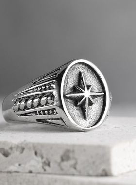 朋克风钛钢戒指男款宝石戒指食指小众指环食指戒复古米字花戒指