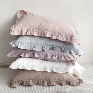 74一对装 木耳花边 全棉双层纱枕套蓝色ins风枕皮纯色枕头套48