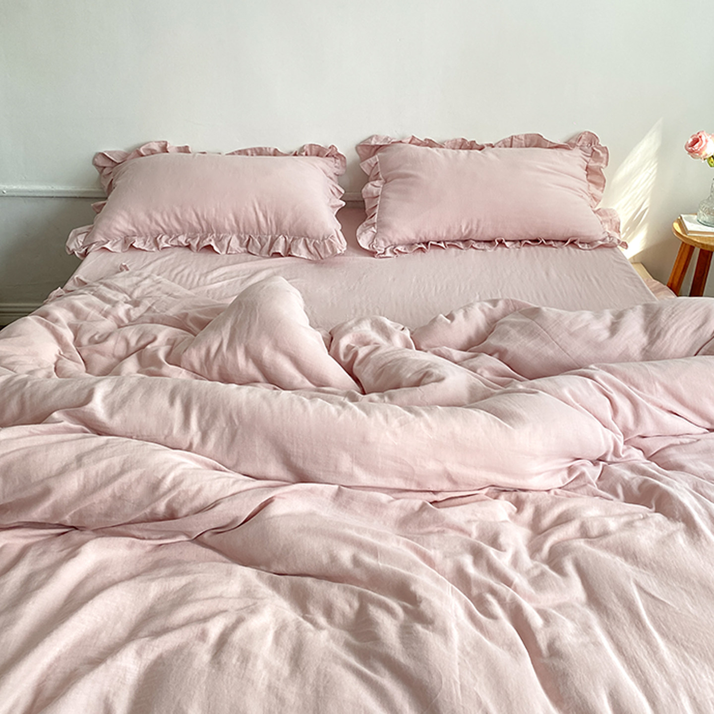 茶花粉！全棉双层纱四件套木耳边蓝床单被套三件套纱布床上用品