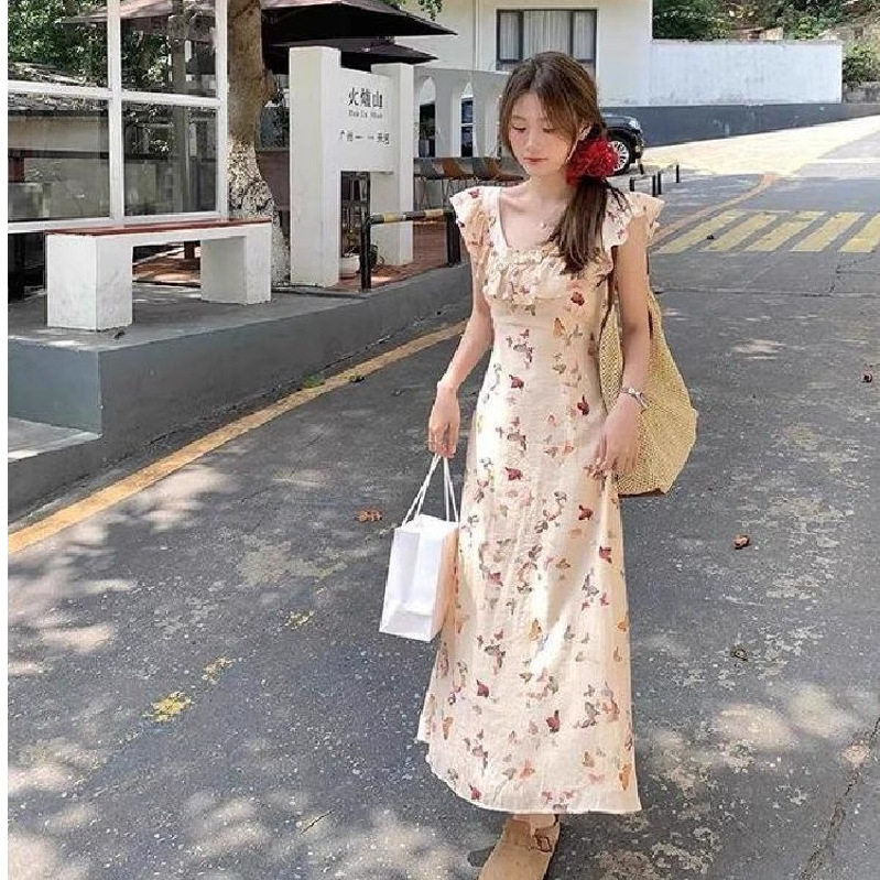 茶歇法式温柔风小飞袖蝴蝶印花连衣裙女夏季气质绝美荷叶边长裙子