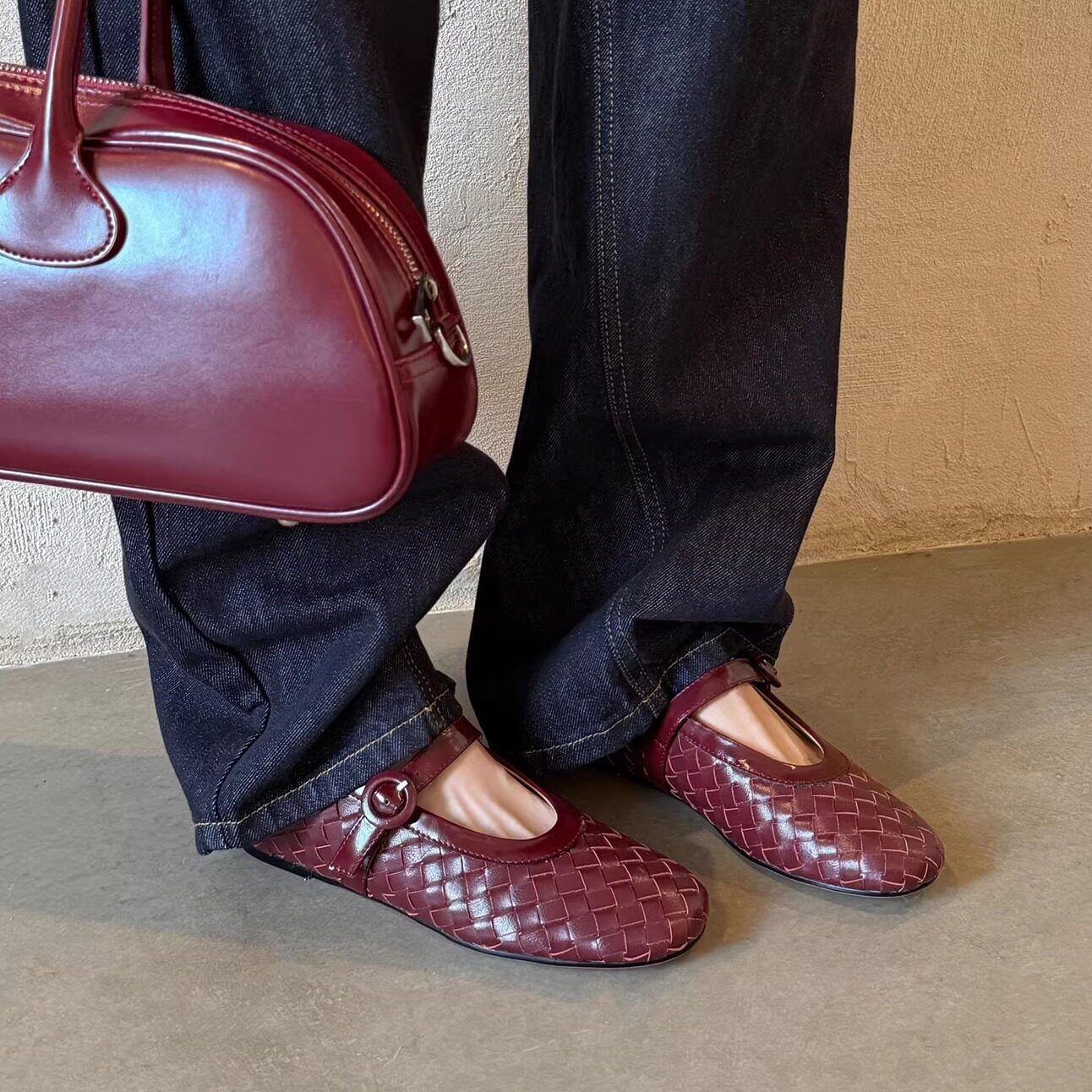 4cm真皮编织中跟红色浅口玛丽珍鞋女内增高平底圆头百搭显瘦单鞋