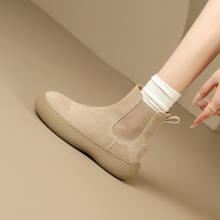 春秋单靴复古英伦风圆头厚底马丁靴女磨砂真皮短靴杏色切尔西靴子