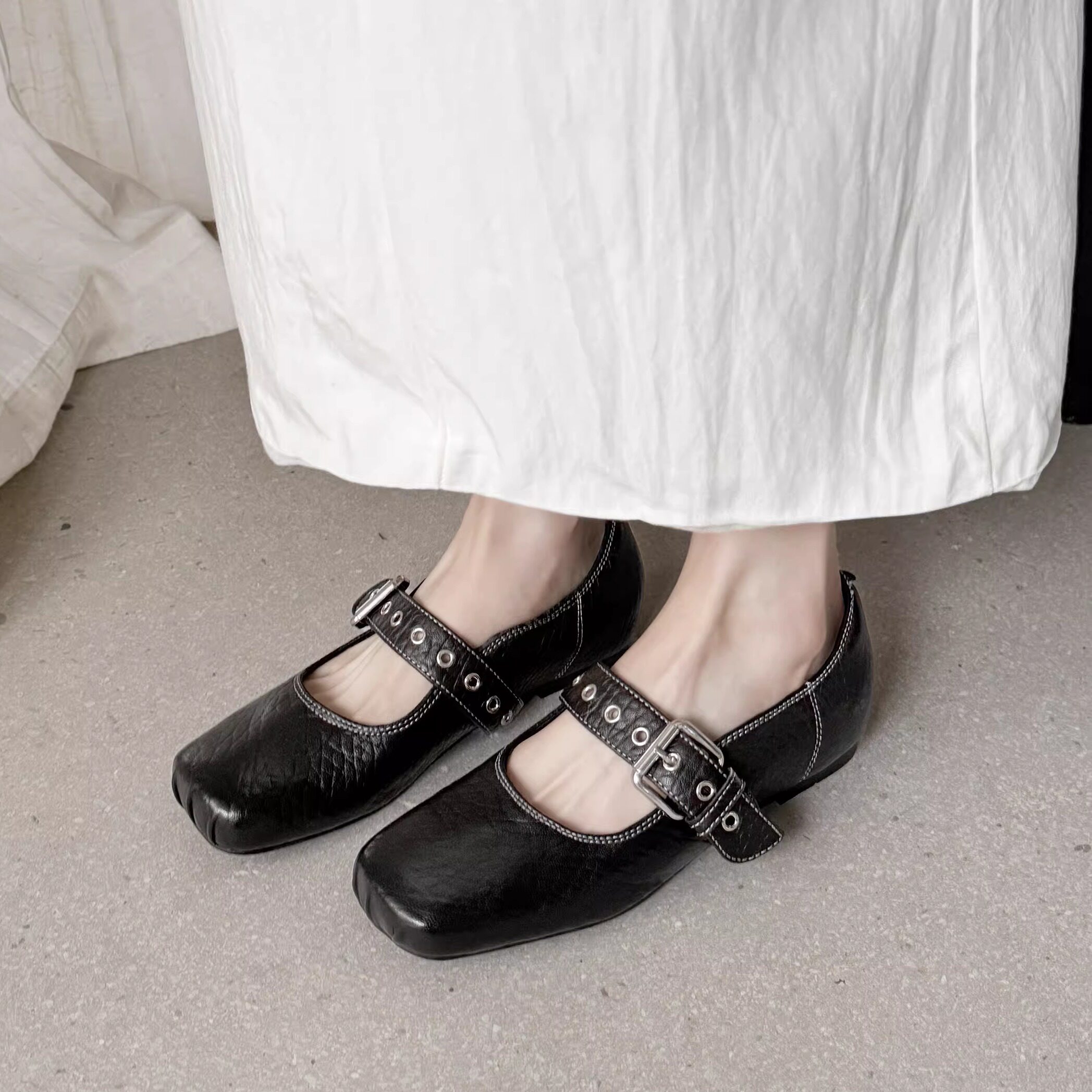 3.5cm真皮低跟黑色浅口玛丽珍鞋女内增高平底方头一字式百搭单鞋