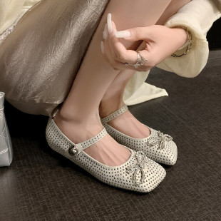 2025春夏新款低跟真皮浅口白色玛丽珍鞋女内增高平底方头铆钉单鞋