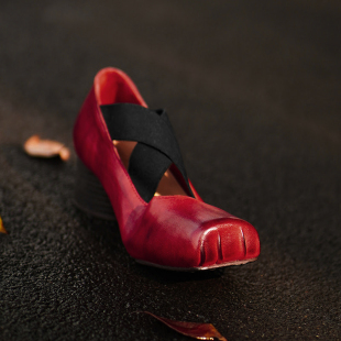 水洗马皮粗跟芭蕾舞玛丽珍鞋女中跟红色真皮方头复古红色懒人单鞋