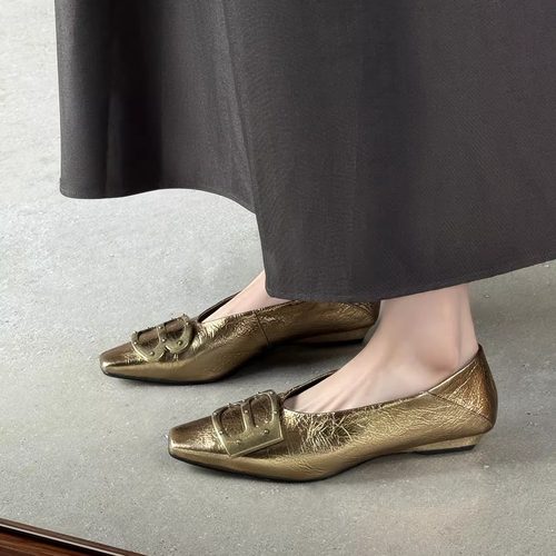 2cm低跟方头英伦风小皮鞋女坡跟金属扣懒人鞋复古乐福鞋金色单