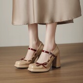 9.8cm粗跟单鞋 真皮杏色女鞋 超高跟防水台玛丽珍鞋 显瘦圆头一字式