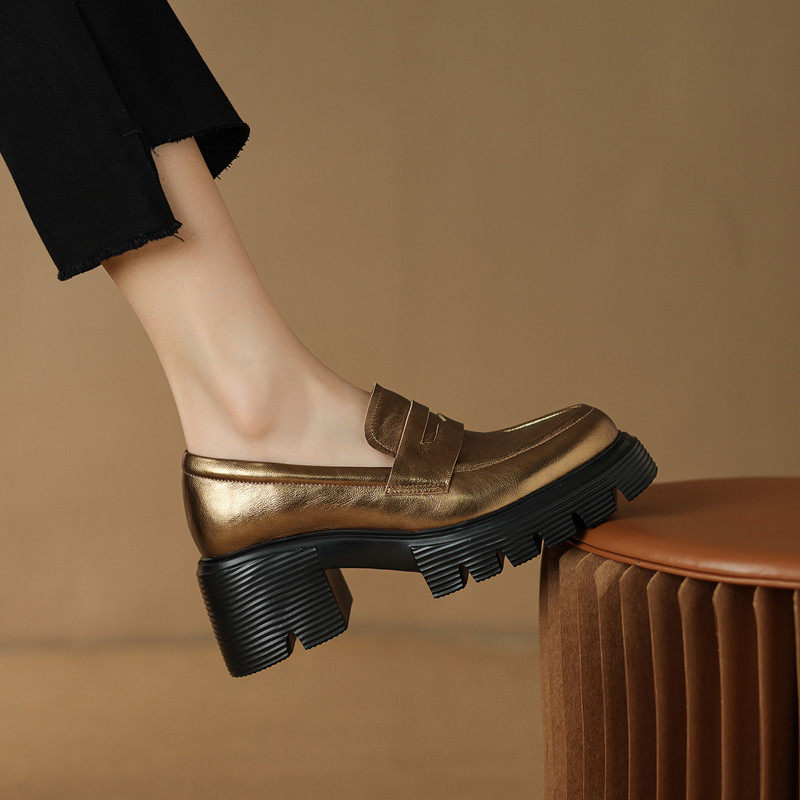 24春新款一脚蹬真皮厚底金色乐福鞋女粗跟松糕底圆头复古懒人单鞋,女鞋,深口单鞋,淘宝优惠券,粉丝福利购,淘宝优惠卷