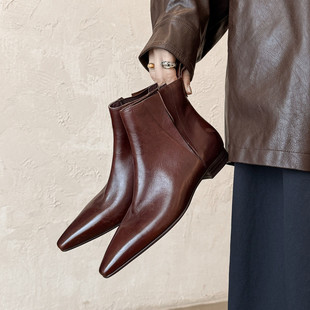 1.8cm百搭尖头低跟切尔西短靴2025春秋新款单靴气质百搭头层牛皮