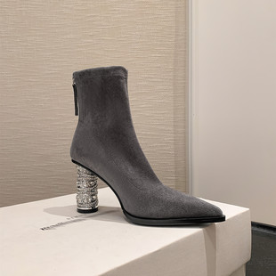 韩版尖头水钻粗跟弹力瘦瘦靴女高跟优雅百搭后拉链气质真皮时装靴