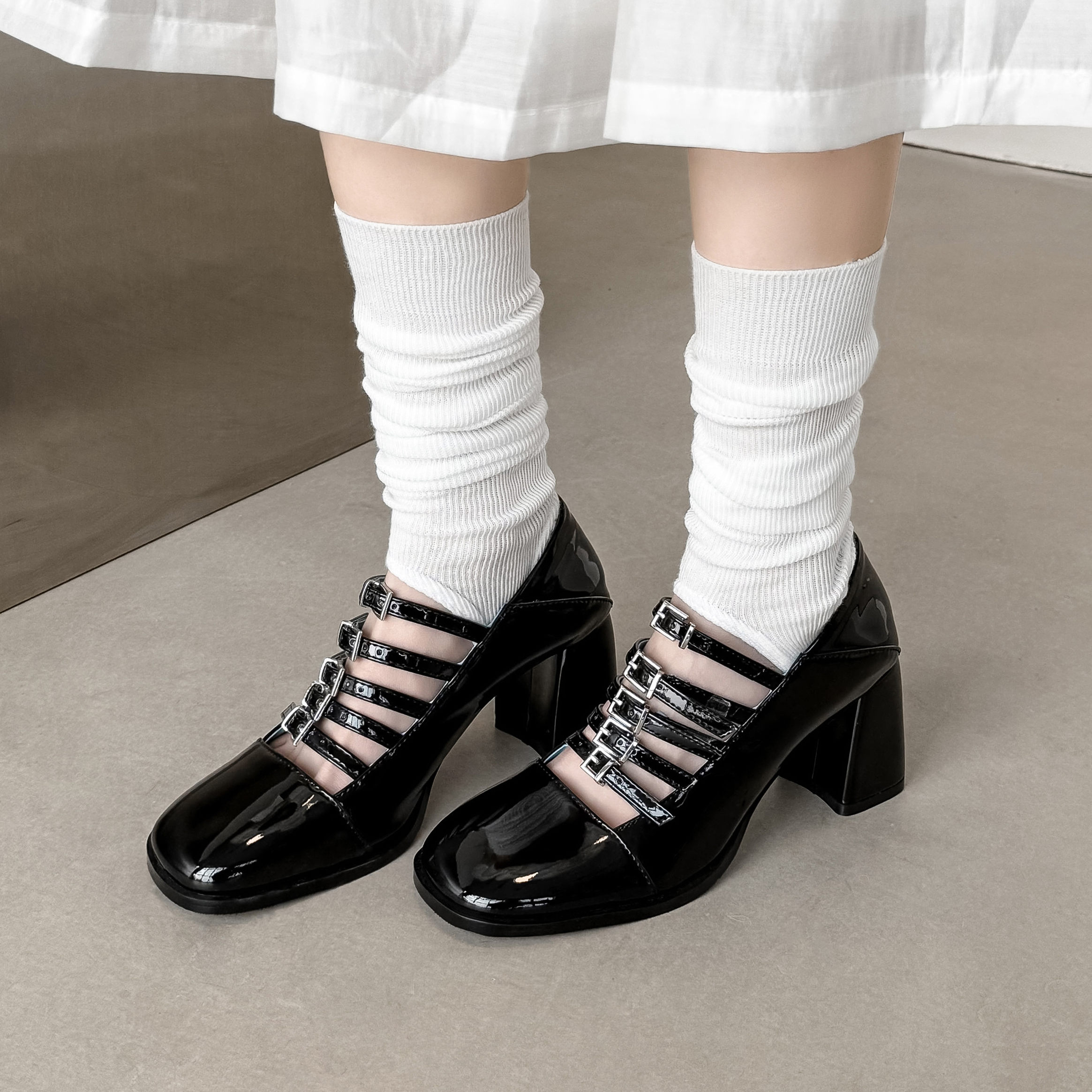 7cm真皮粗跟浅口黑色玛丽珍鞋女高跟圆头皮带扣气质优雅百搭单鞋