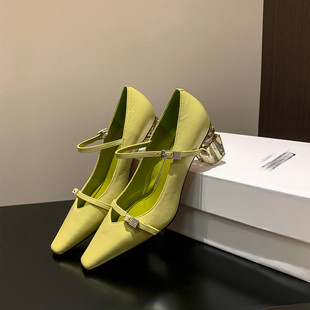 2025春夏新款真皮粗跟浅口玛丽珍鞋女高跟方头绿色一字带优雅单鞋