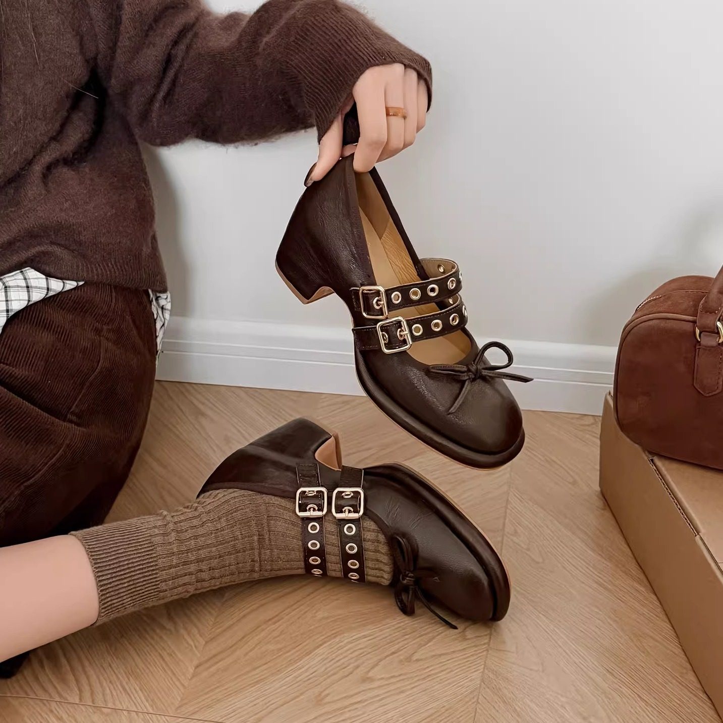 6.5cm真皮粗跟黑色浅口玛丽珍鞋女高跟防水台圆头蝴蝶结百搭单鞋