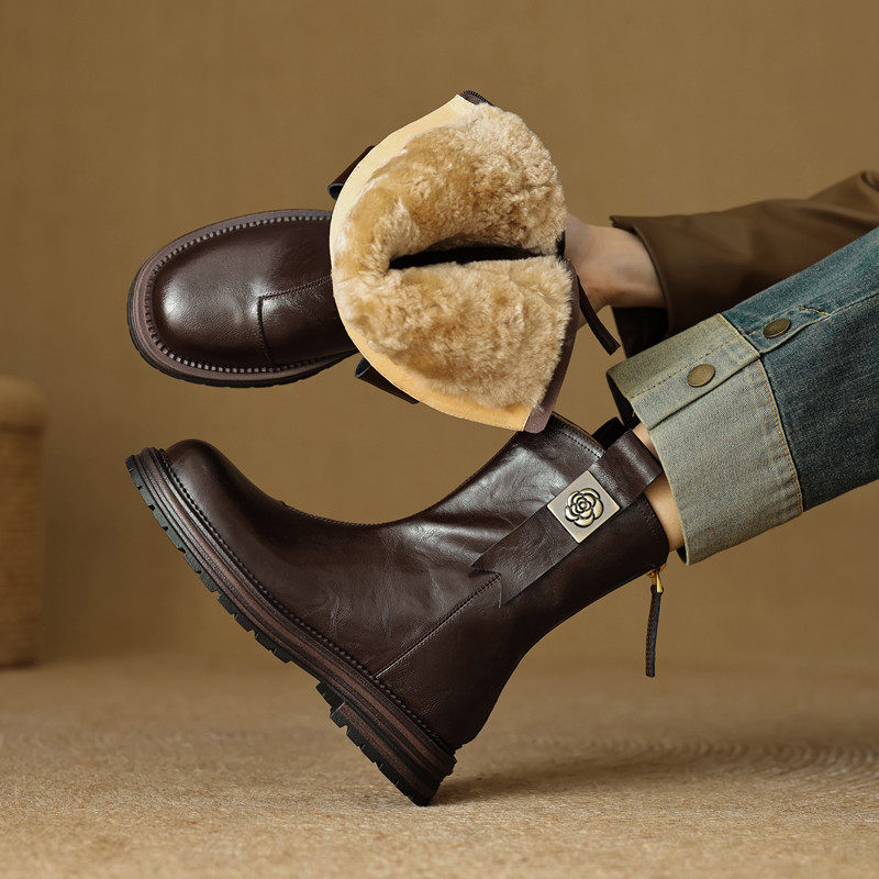 皮毛一体雪地靴女真皮厚底羊毛保暖马丁靴东北大棉鞋加绒厚毛短靴