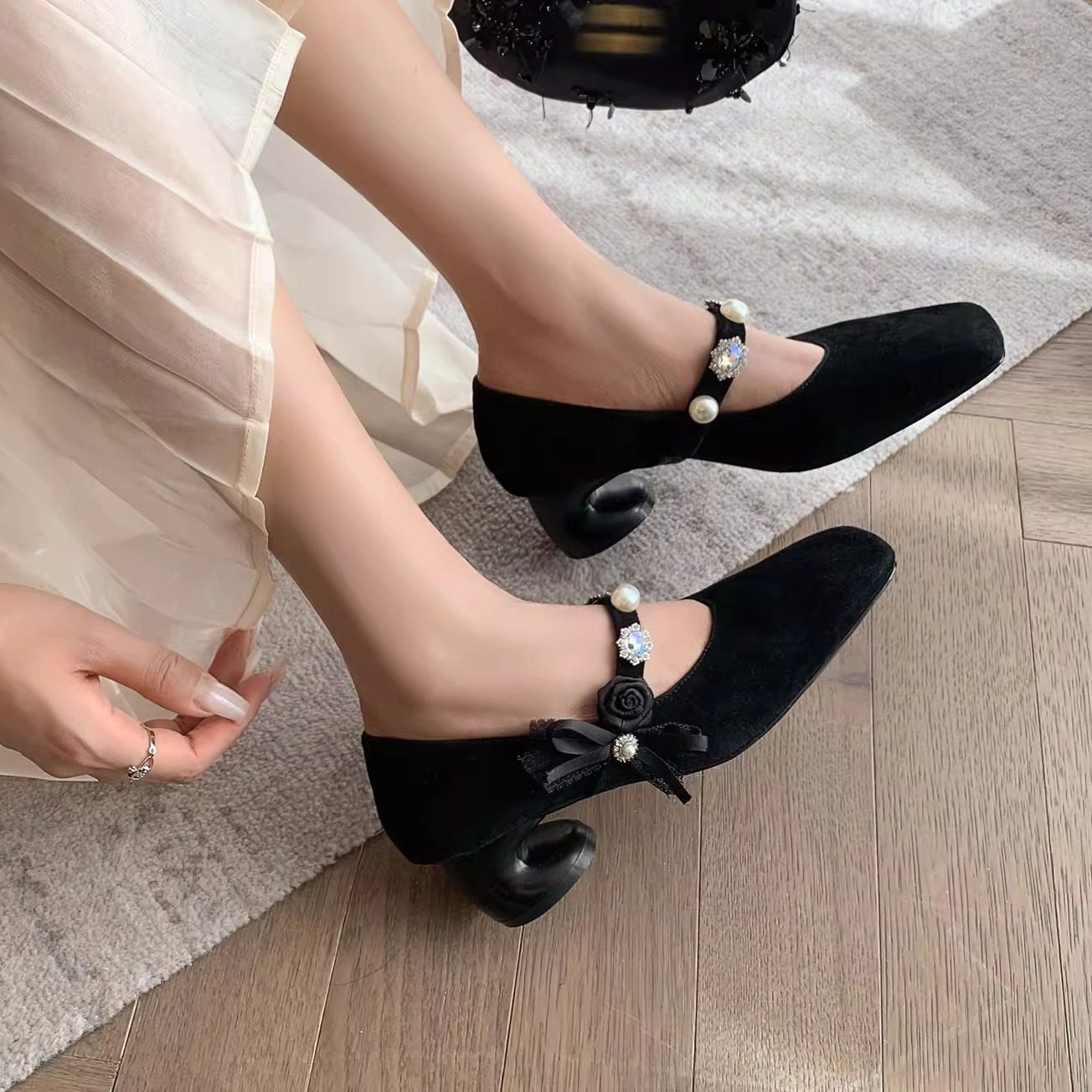 5cm磨砂真皮粗跟黑色浅口玛丽珍鞋女高跟方头一字式优雅百搭单鞋