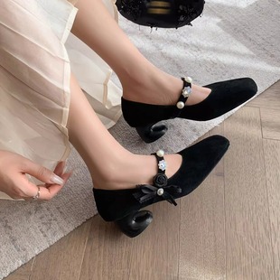 5cm磨砂真皮粗跟黑色浅口玛丽珍鞋女高跟方头一字式优雅百搭单鞋