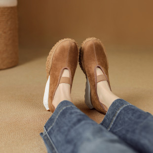 7cm磨砂真皮厚底圆头内增高乐福鞋 女坡跟松糕底复古显瘦懒人单鞋
