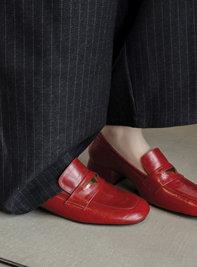 4cm真皮粗跟金属扣小皮鞋女中跟红色英伦风懒人单鞋本命年乐福鞋