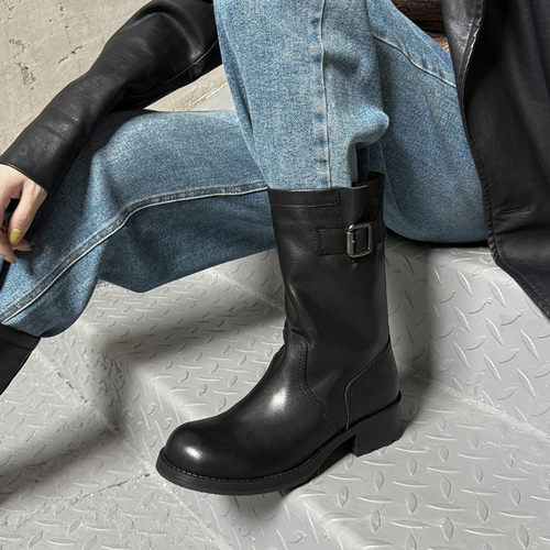 4cm纯牛皮美拉德女骑士靴