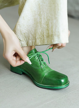 水洗马皮低跟系带小皮鞋英伦风乐福鞋女粗跟绿色真皮方头复古单鞋