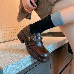 2025春新款真皮厚底棕色英伦风小皮鞋女粗跟松糕底皮带扣懒人单鞋