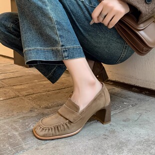 6.5cm磨砂真皮粗跟乐福鞋女高跟卡其色小皮鞋复古懒人鞋圆头单鞋