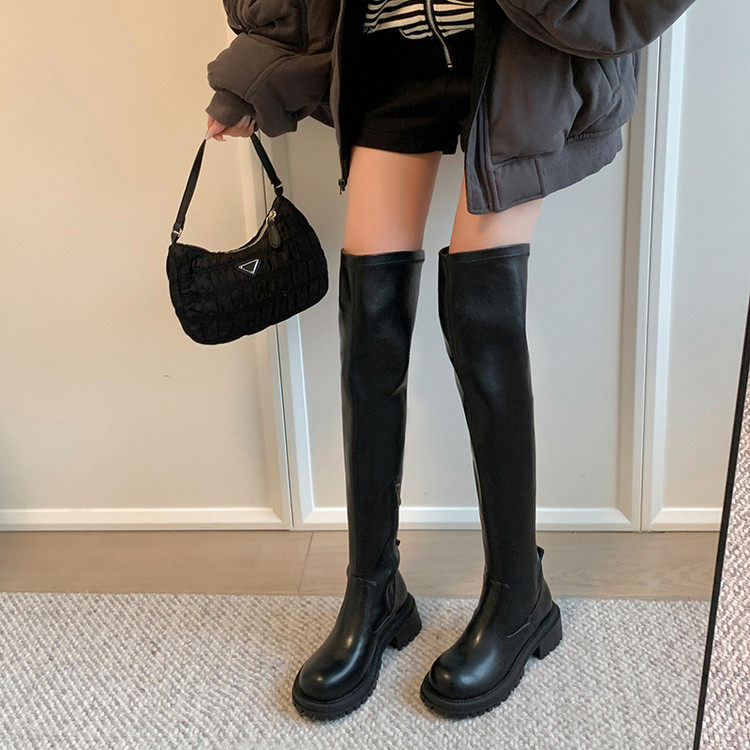 香港圆头中跟过膝长筒靴女2026秋冬新款弹力真皮侧拉链粗跟高筒靴