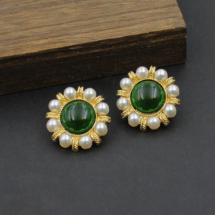 vintage中古法式复古优雅气质宫廷风耳饰绿色大气太阳花镶嵌 耳钉