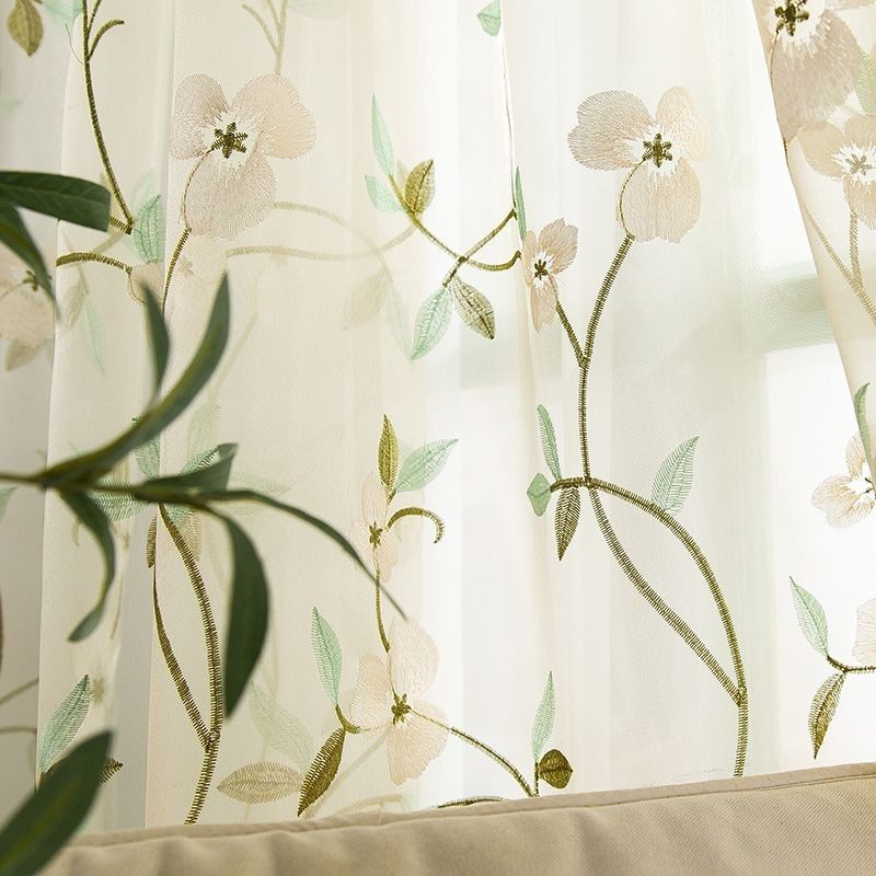 绣花田园风卧室客厅飘窗成品窗纱阳台落地薄纱帘美式乡村窗帘特价