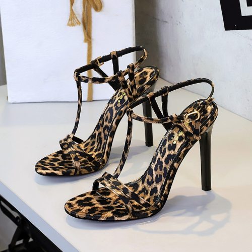 126-17欧美风性感时尚宴会T字带超高跟鞋女豹纹气质细跟露趾凉鞋