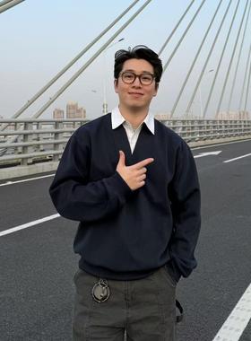 22TREE复古美式小众设计双层领撞色假两件长袖个性高质感极简卫衣