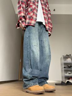 百搭休闲潮流直筒宽松高街男女 风格 22TREE美式 复古深蓝水洗牛仔裤