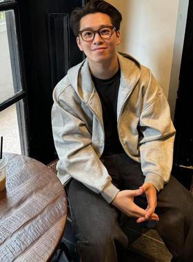 22TREE 美式纯色cleanfit短款连帽拉链卫衣男女休闲百搭上衣外套